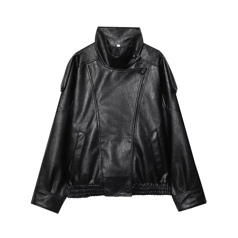 Veste en cuir asymétrique à col montant pour femmes
