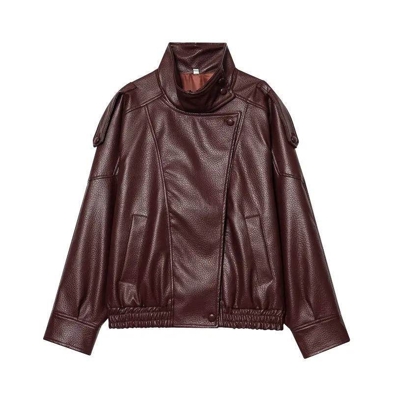 Veste en cuir asymétrique à col montant pour femmes