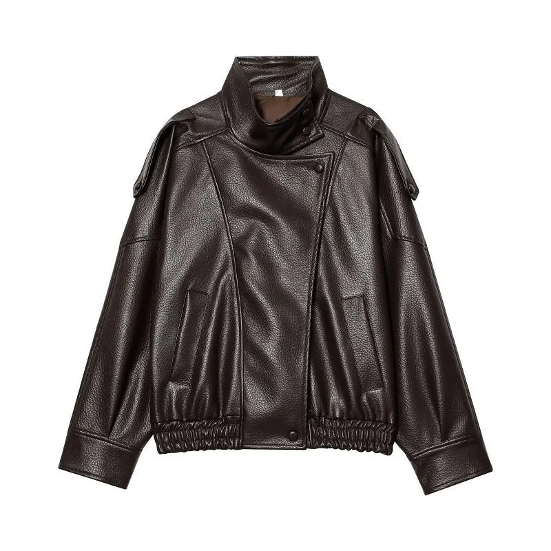 Veste en cuir asymétrique à col montant pour femmes