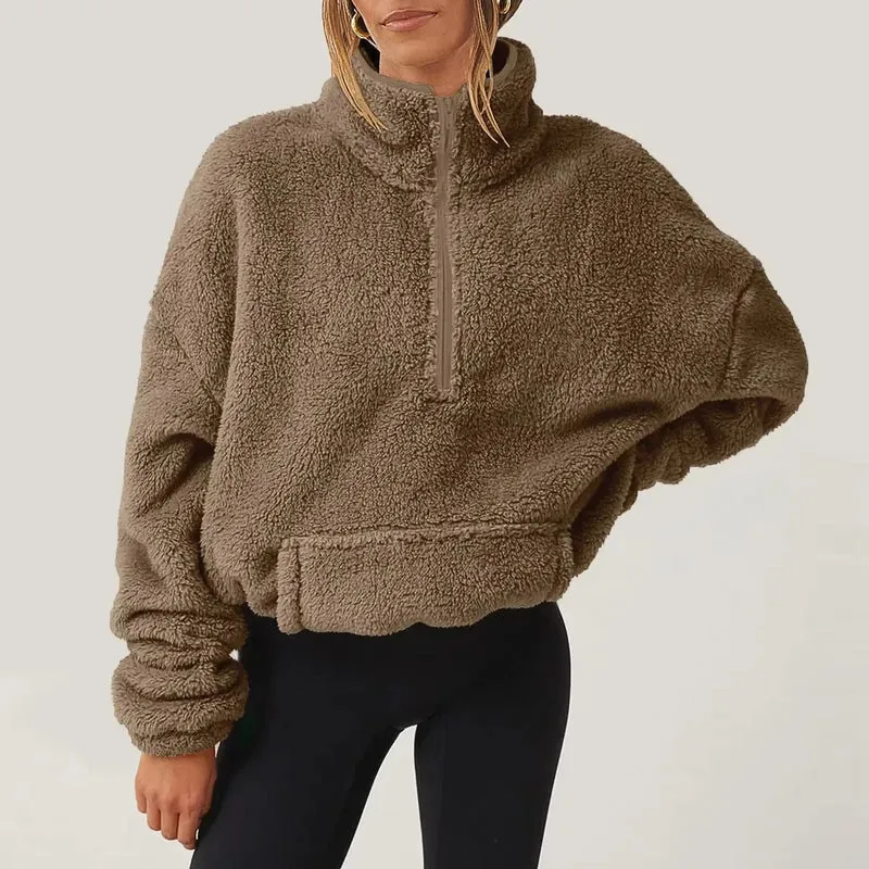 Pull polaire doux à demi-fermeture éclair pour femmes