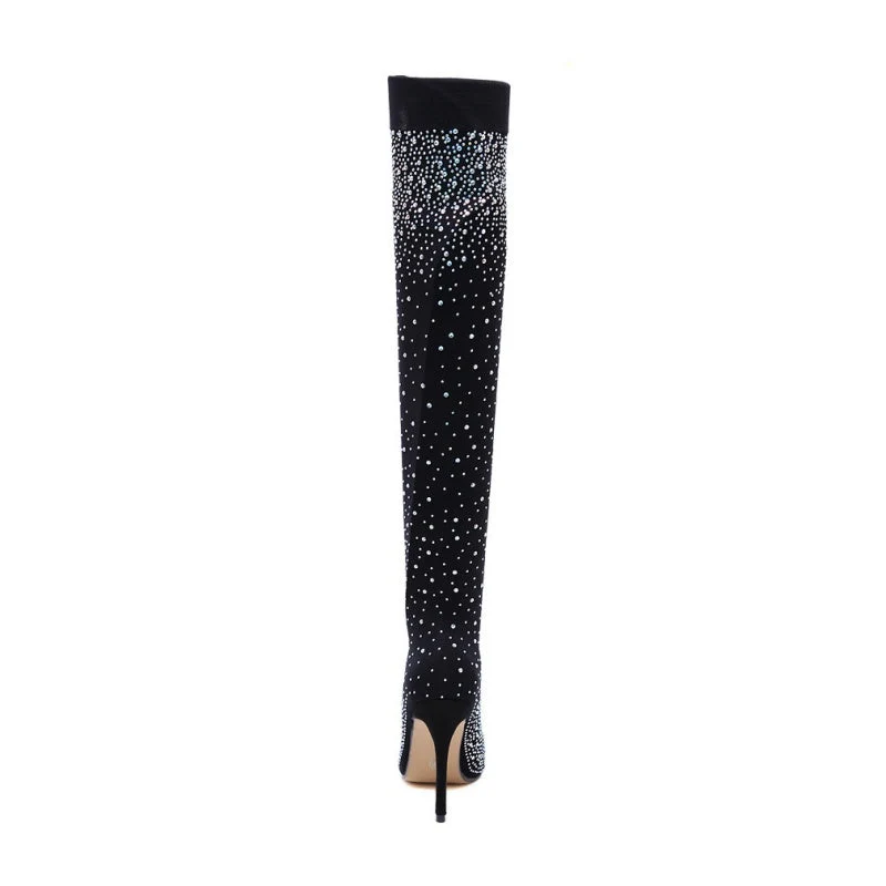 Bottes mi-cuisses étincelantes en faux diamant