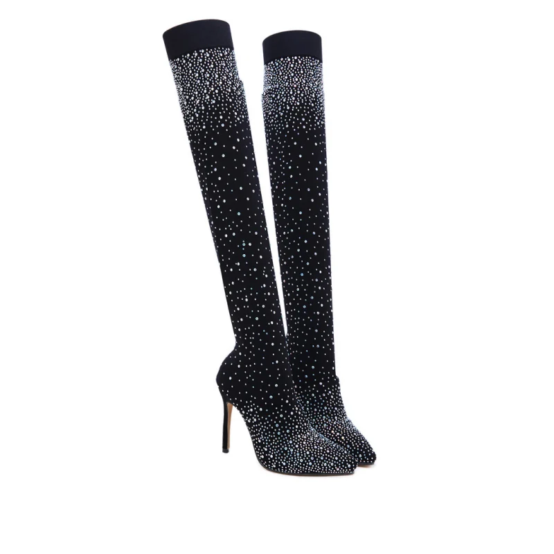 Bottes mi-cuisses étincelantes en faux diamant