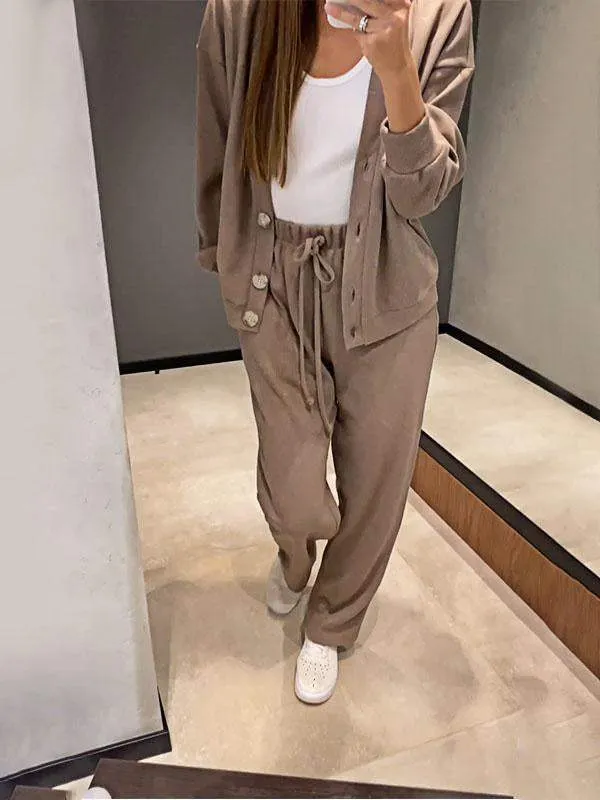 Ensemble décontracté confortable pull à col en V et pantalon