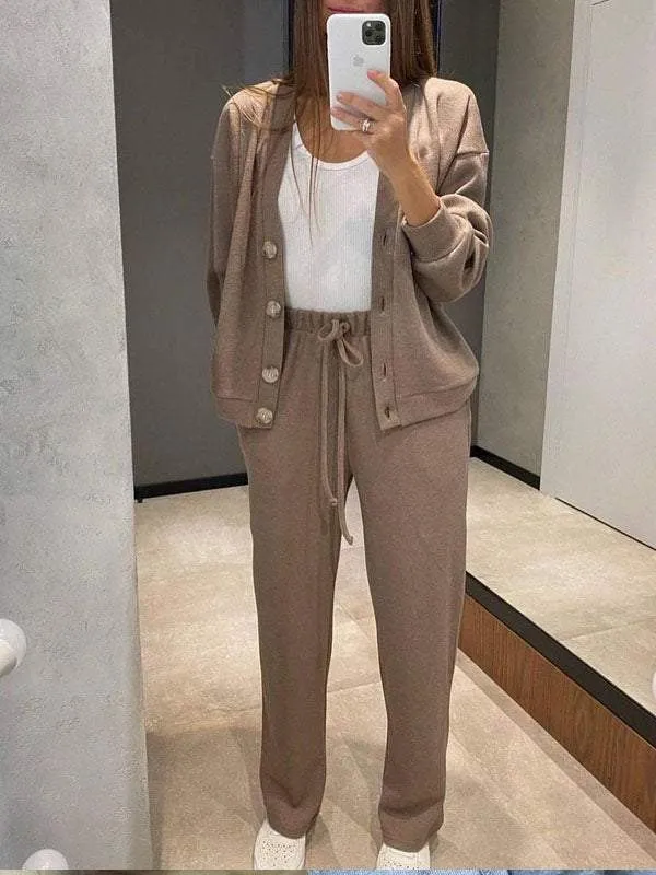 Ensemble décontracté confortable pull à col en V et pantalon