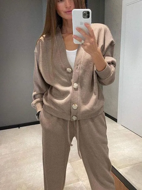 Ensemble décontracté confortable pull à col en V et pantalon