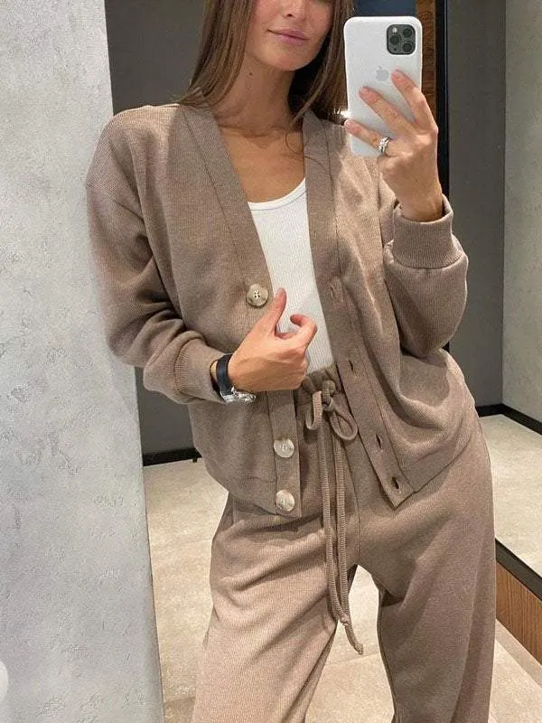 Ensemble décontracté confortable pull à col en V et pantalon