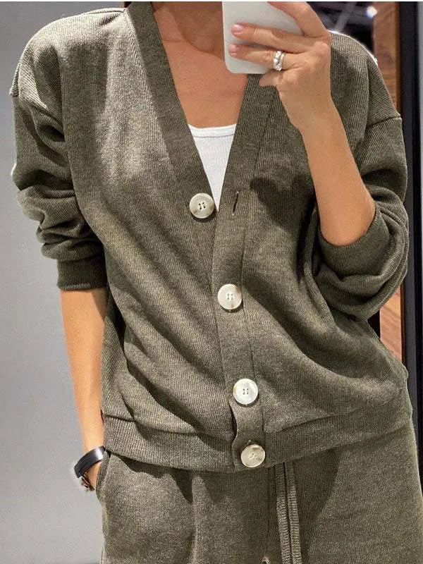 Ensemble décontracté confortable pull à col en V et pantalon