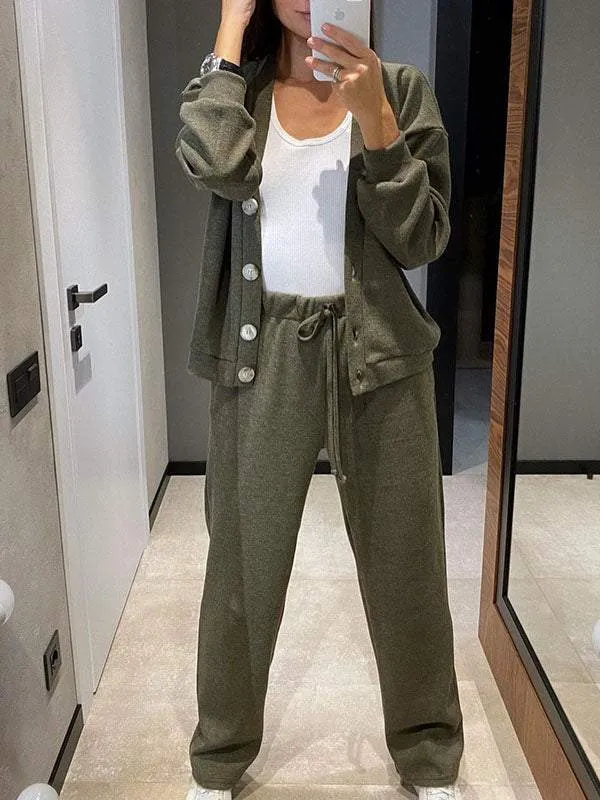 Ensemble décontracté confortable pull à col en V et pantalon