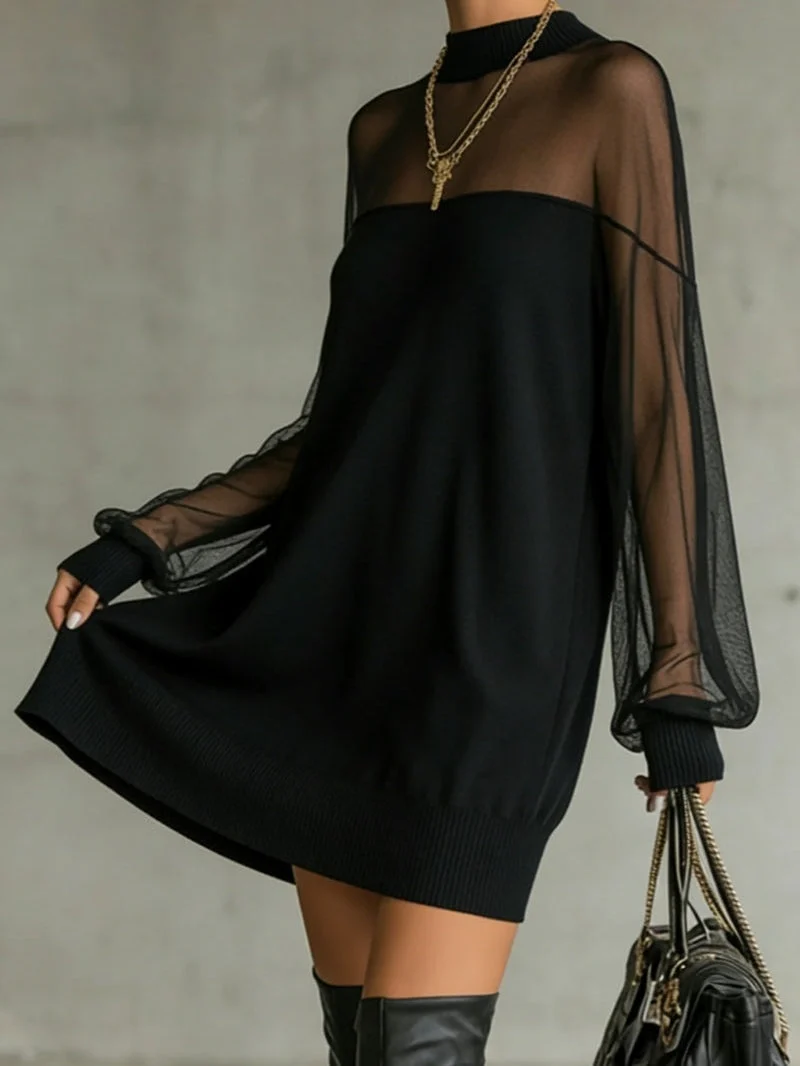Robe Noire Élégante Courte avec Manches Longues en Résille