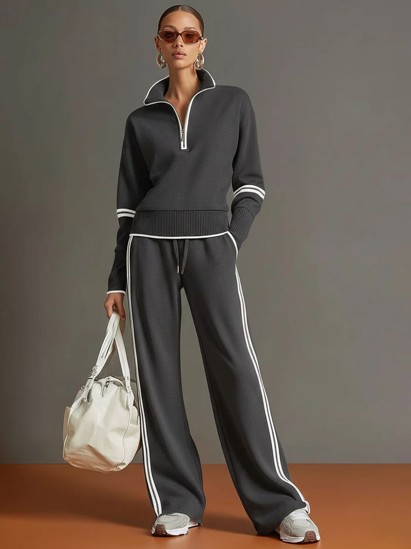 Ensemble sweat à demi-fermeture éclair et pantalon à jambes larges