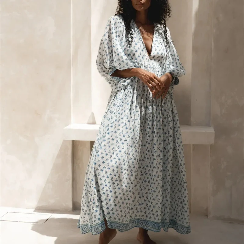 Robe Longue Bohème Femme à Manches Bouffantes - Idéale Été Élégante