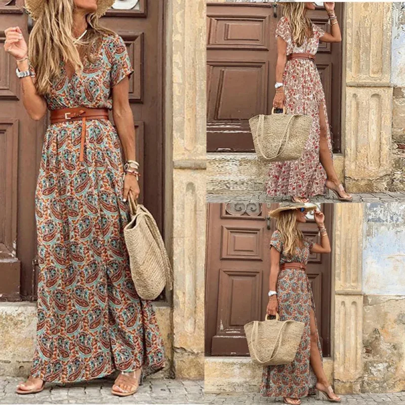 Robe longue cachemire à imprimé pour femme, été, col en V, confortable