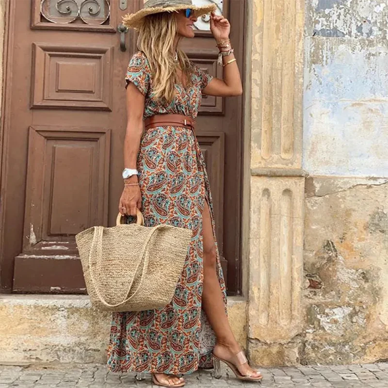 Robe longue cachemire à imprimé pour femme, été, col en V, confortable