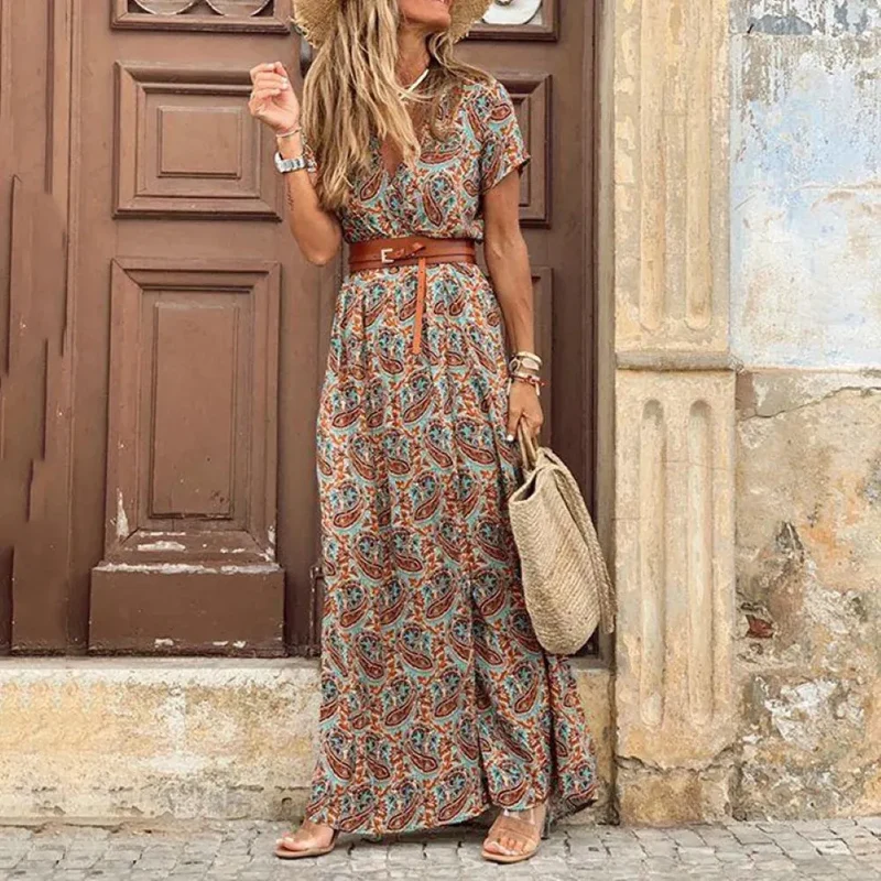 Robe longue cachemire à imprimé pour femme, été, col en V, confortable
