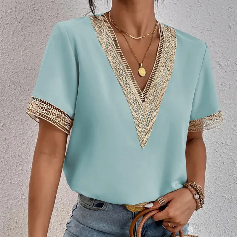 Blouse femme en dentelle et chiffon, encolure V, élégante pour bureau et brunch
