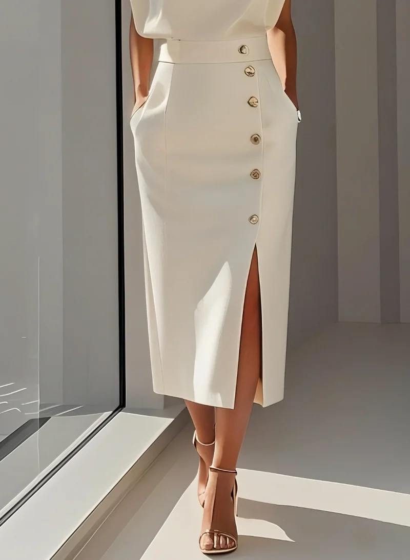 Chloé | Robe Midi Ajustée Avec Boutons Dorés