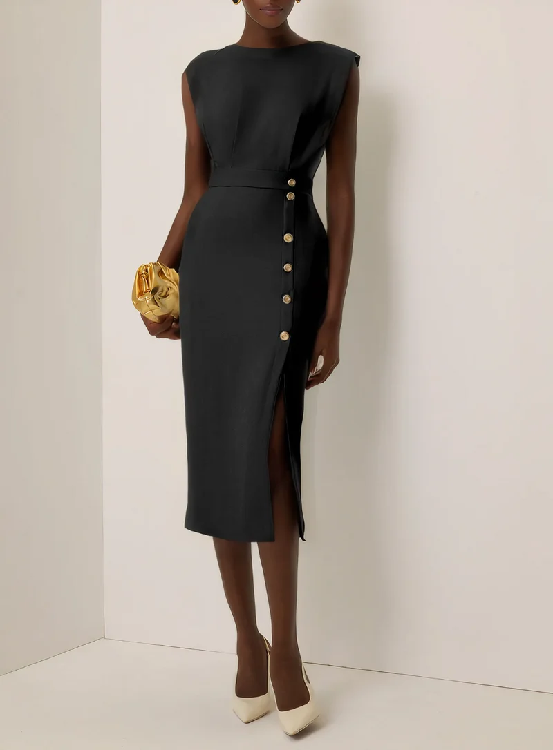 Chloé | Robe Midi Ajustée Avec Boutons Dorés