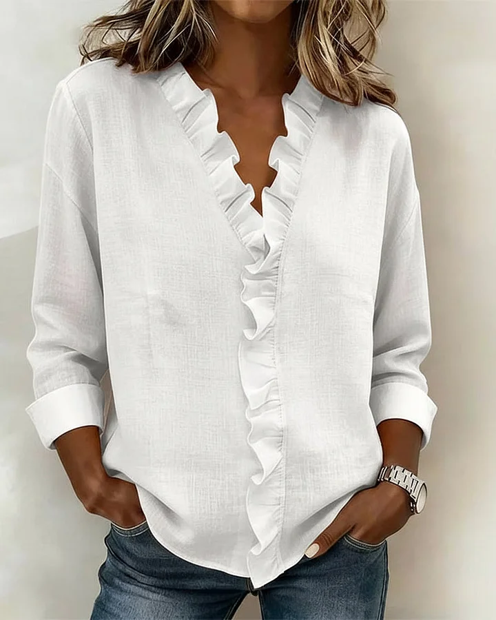 Inès | Blouse avec Volants, Décolleté en V et Manches Longues