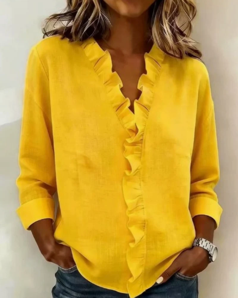 Inès | Blouse avec Volants, Décolleté en V et Manches Longues