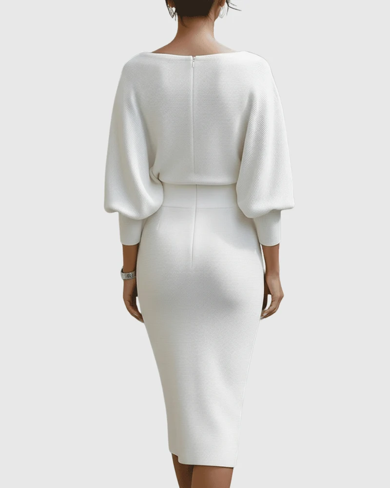 Ismeria | Robe Midi Drapée à Manches Chauve-Souris Blanche