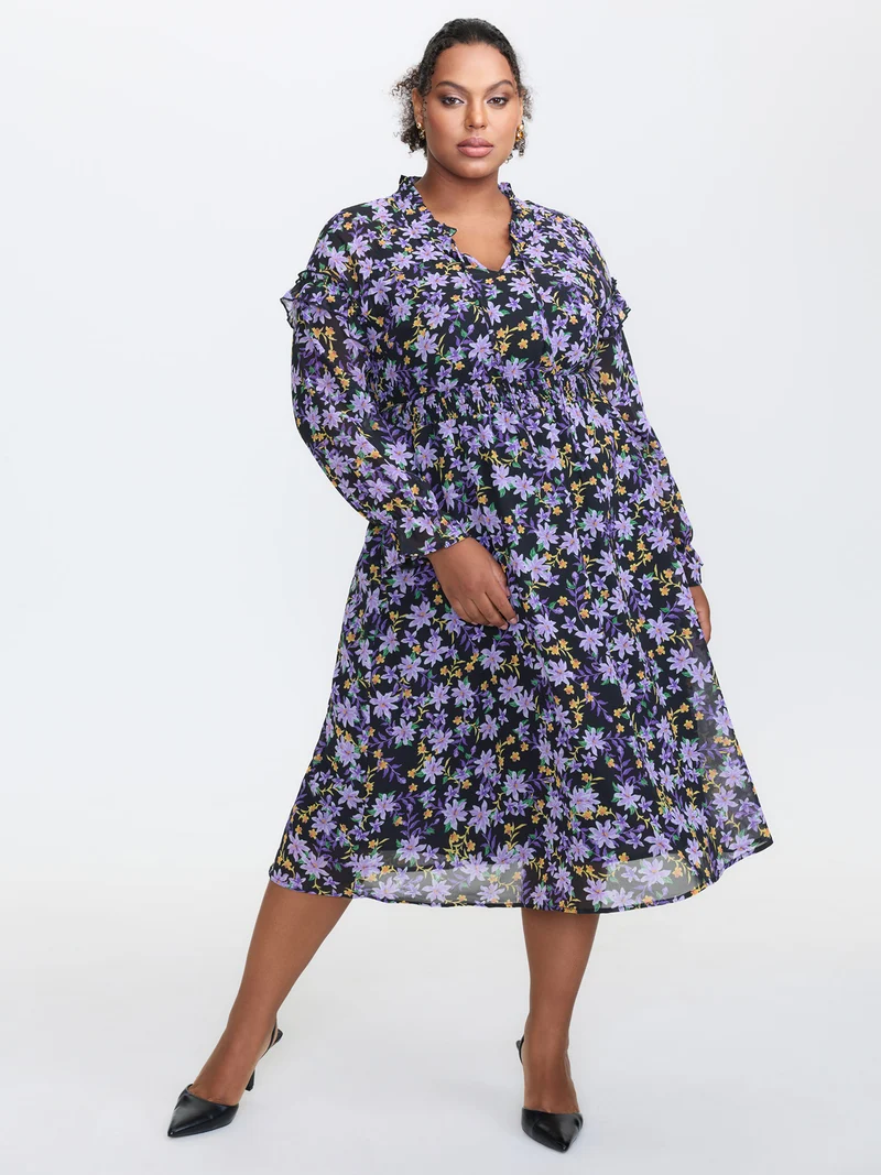 Chiffon Floral Print Ruffled Midi Dress