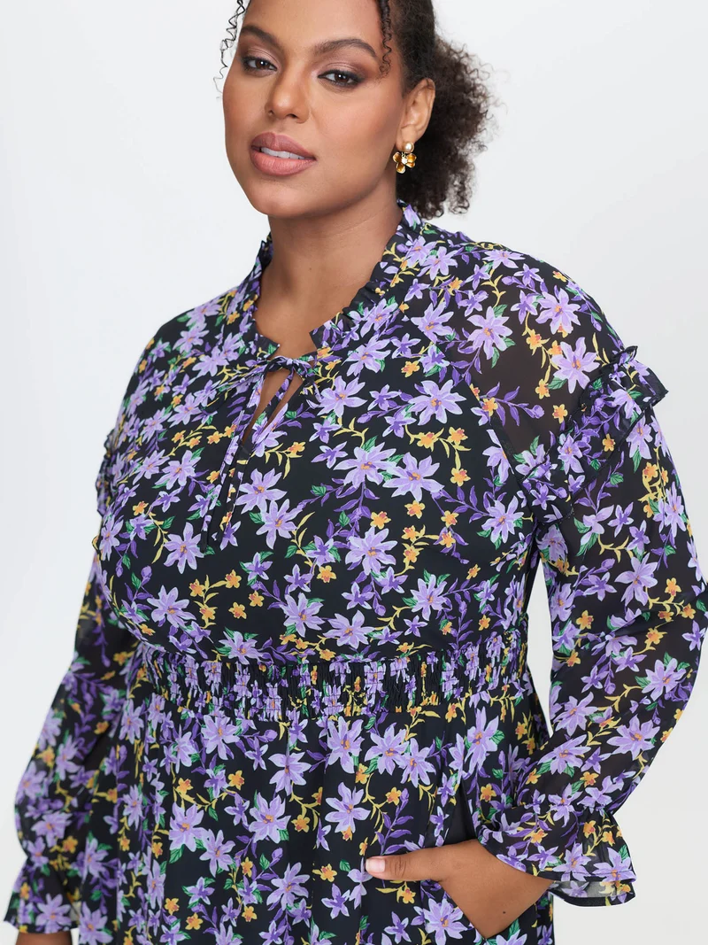 Chiffon Floral Print Ruffled Midi Dress