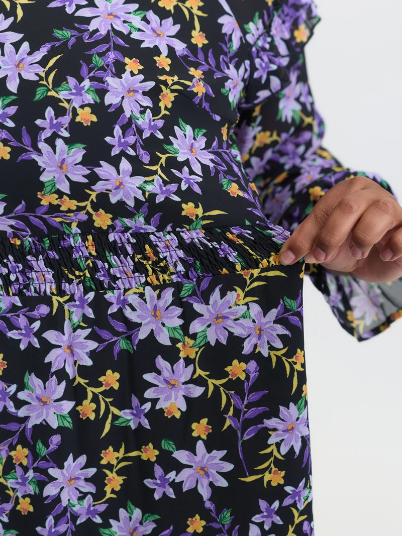 Chiffon Floral Print Ruffled Midi Dress