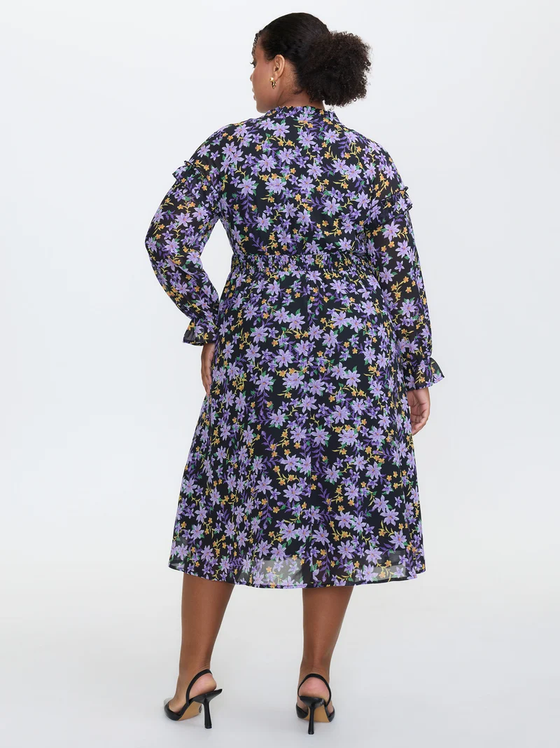 Chiffon Floral Print Ruffled Midi Dress