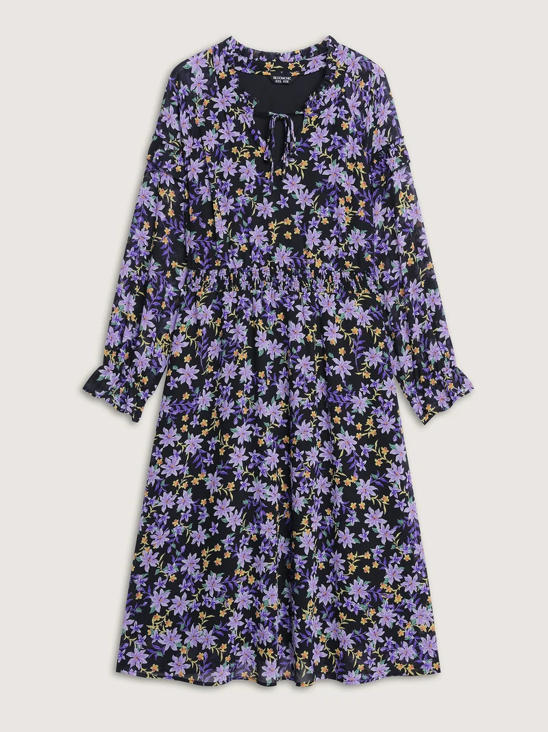 Chiffon Floral Print Ruffled Midi Dress