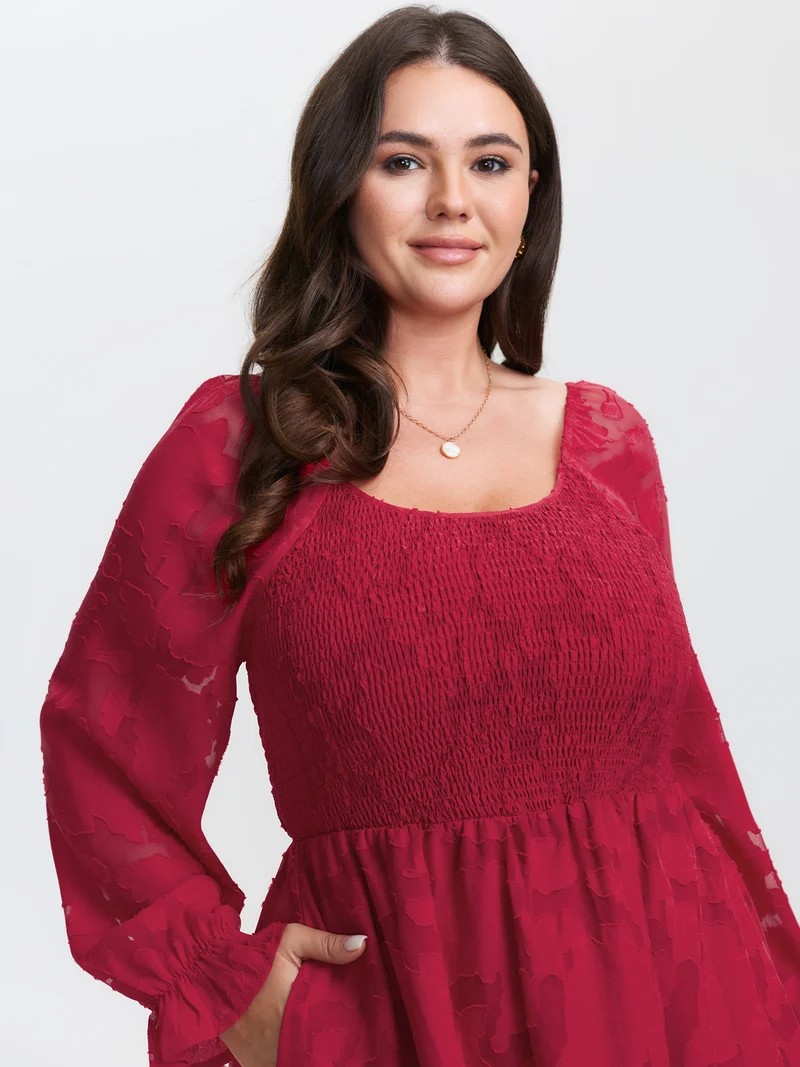 Floral Shirred Stretchy Waist Pockets Midi Dress