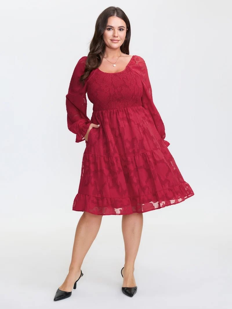Floral Shirred Stretchy Waist Pockets Midi Dress