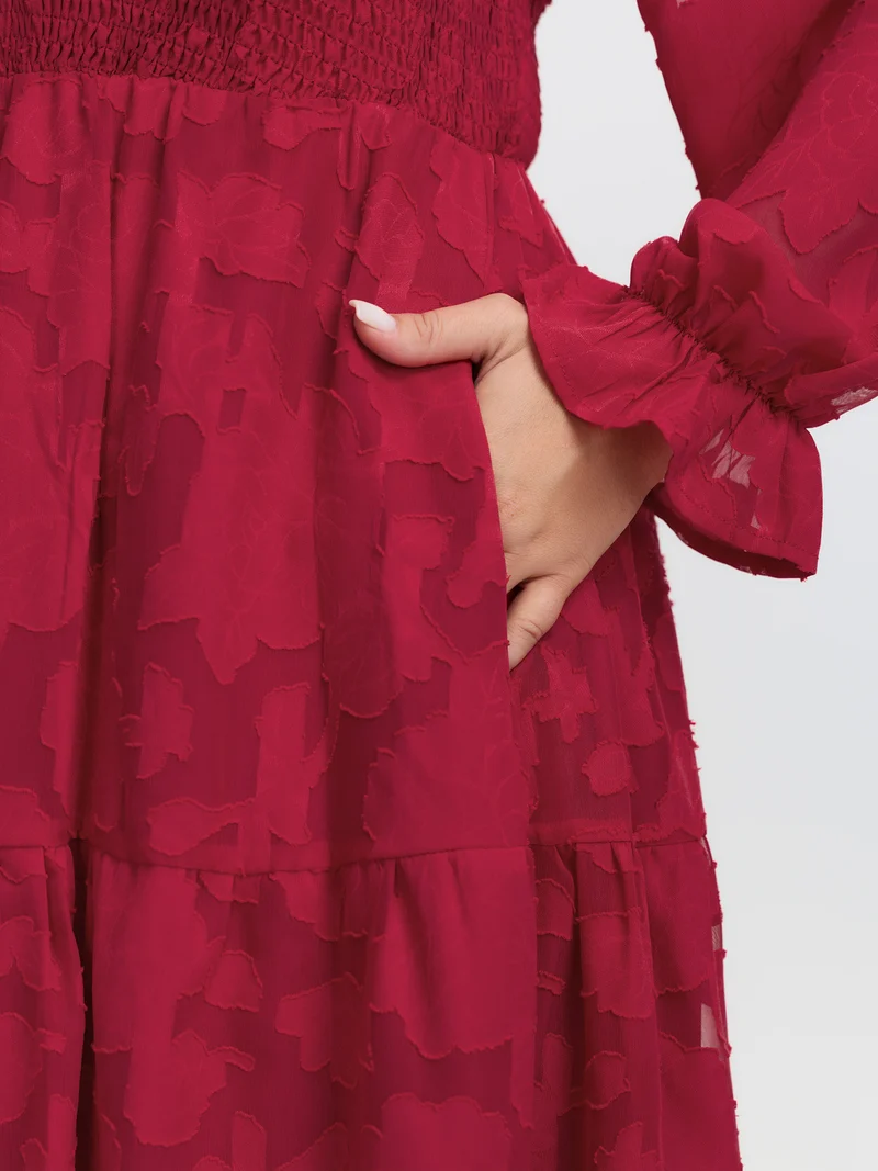 Floral Shirred Stretchy Waist Pockets Midi Dress