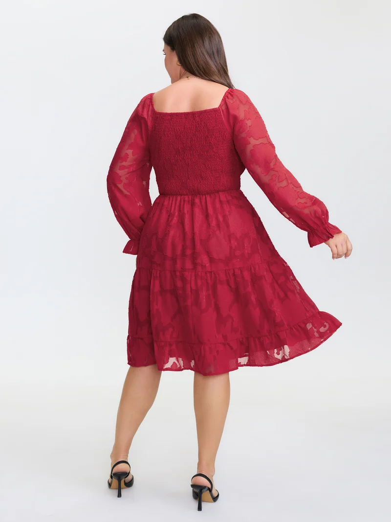 Floral Shirred Stretchy Waist Pockets Midi Dress