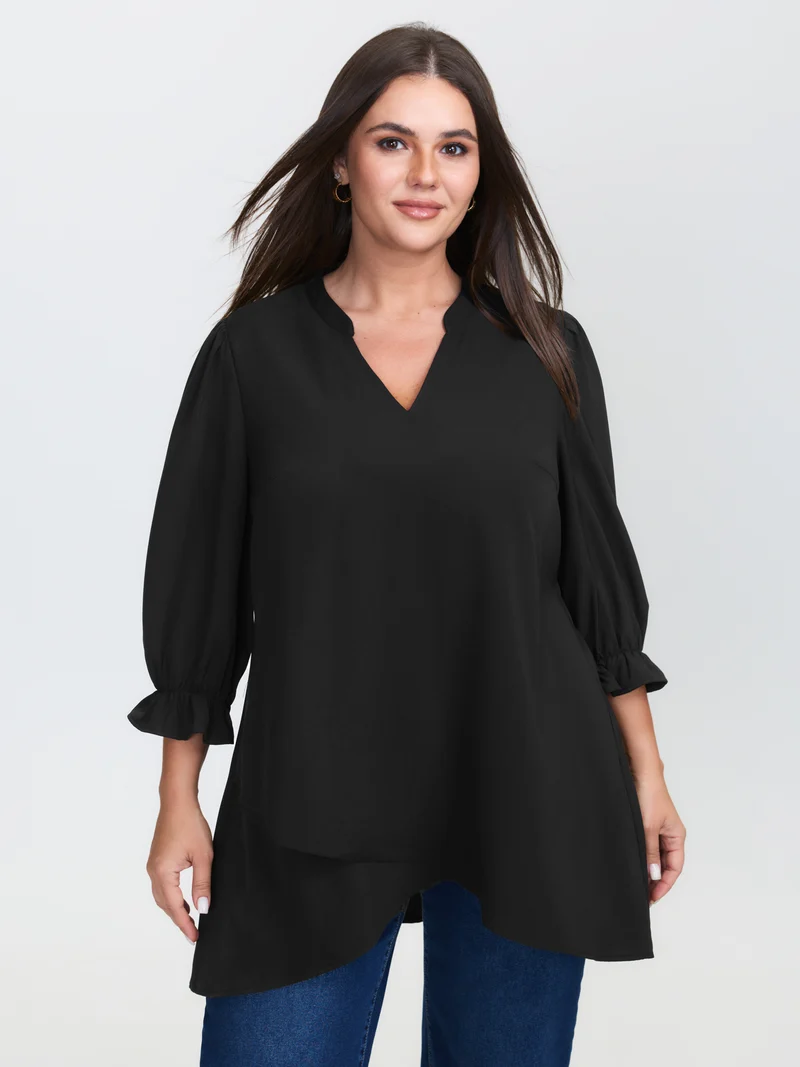 Overlap Hem Stretchy Cuff Sleeve Blouse