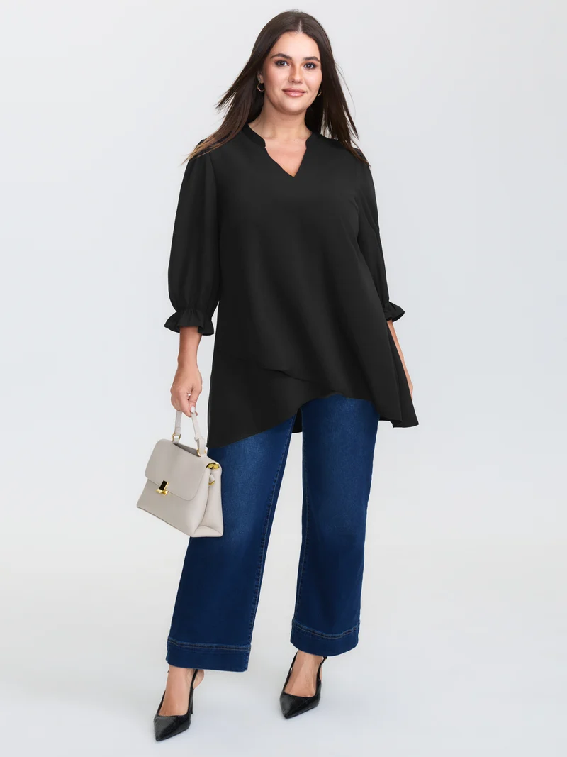 Overlap Hem Stretchy Cuff Sleeve Blouse