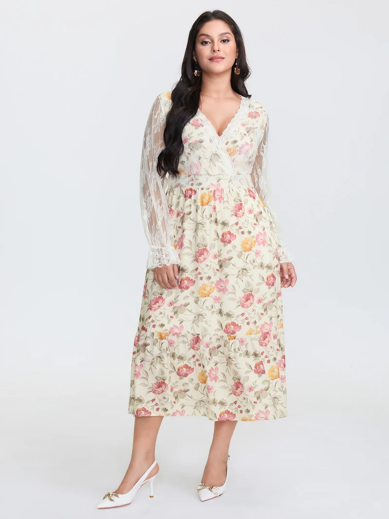 Floral Lace Trim Tiered Pockets Midi Dress