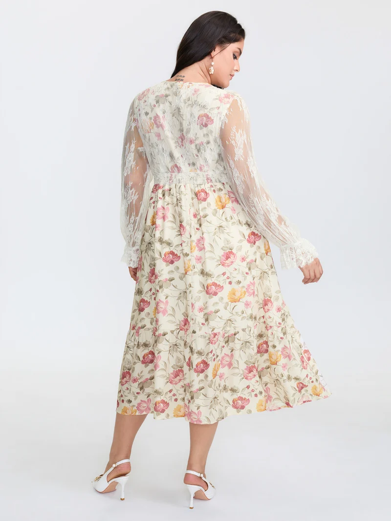 Floral Lace Trim Tiered Pockets Midi Dress