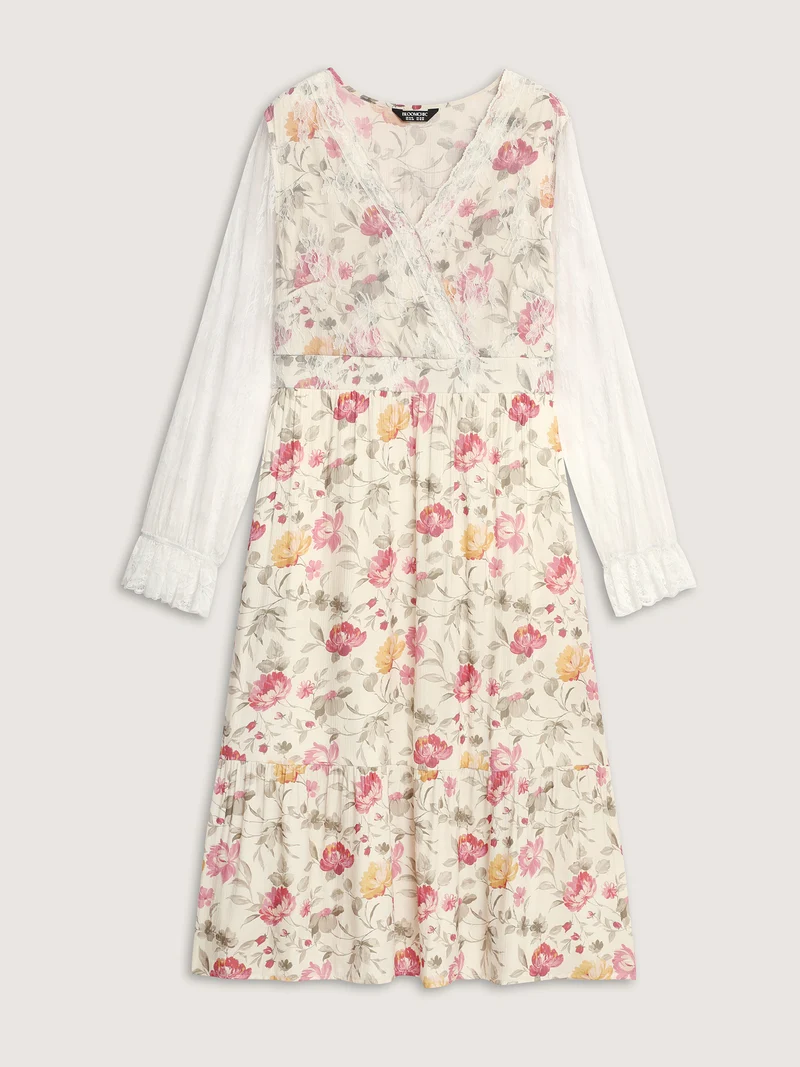 Floral Lace Trim Tiered Pockets Midi Dress