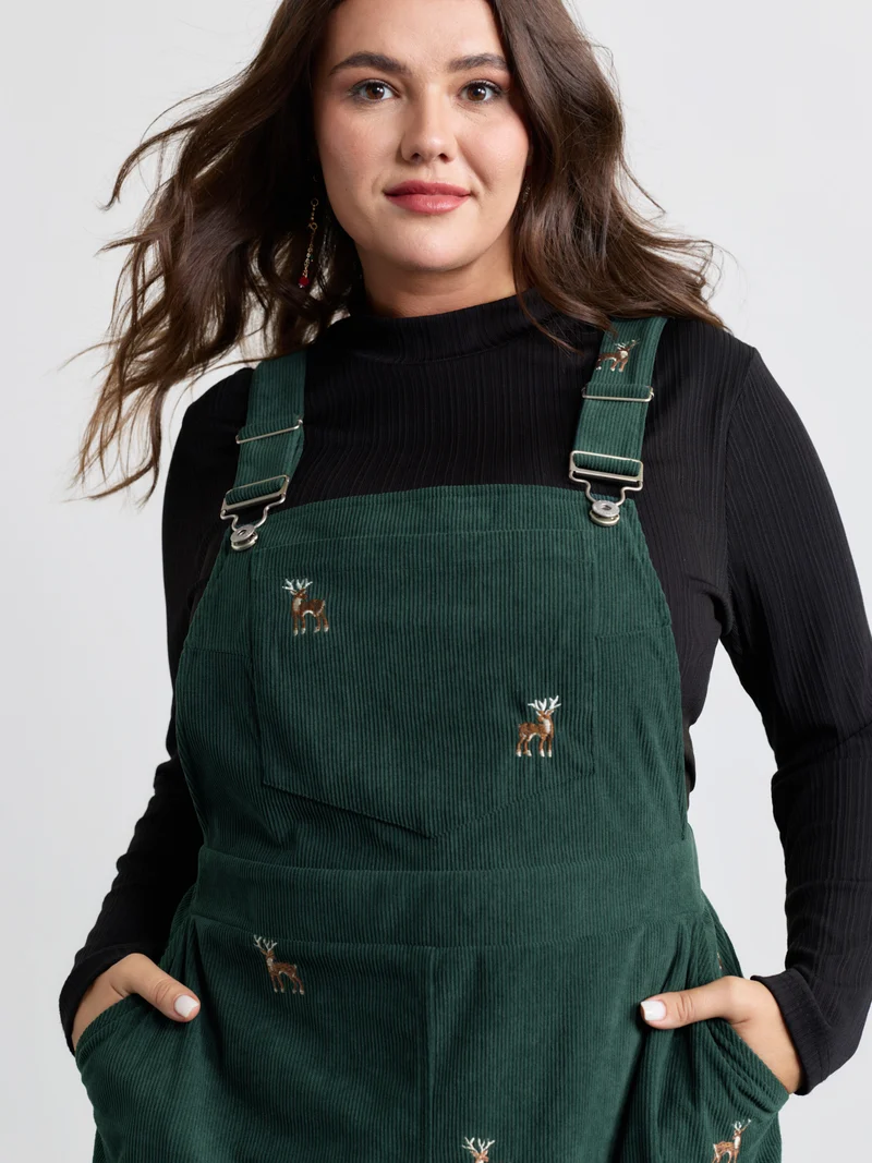 Corduroy Embroidered Adjustable Straps Knee Dress
