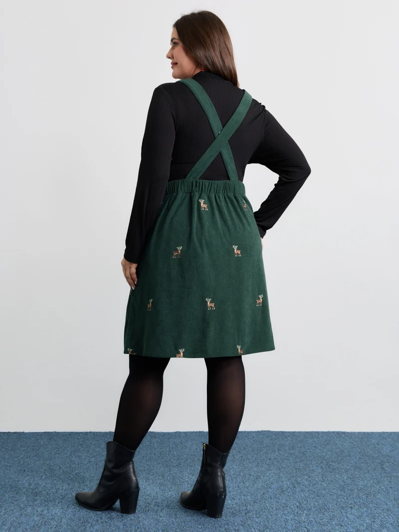 Corduroy Embroidered Adjustable Straps Knee Dress