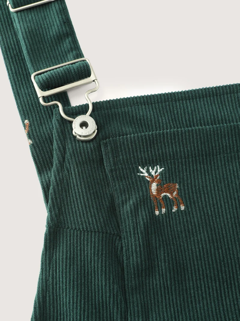 Corduroy Embroidered Adjustable Straps Knee Dress
