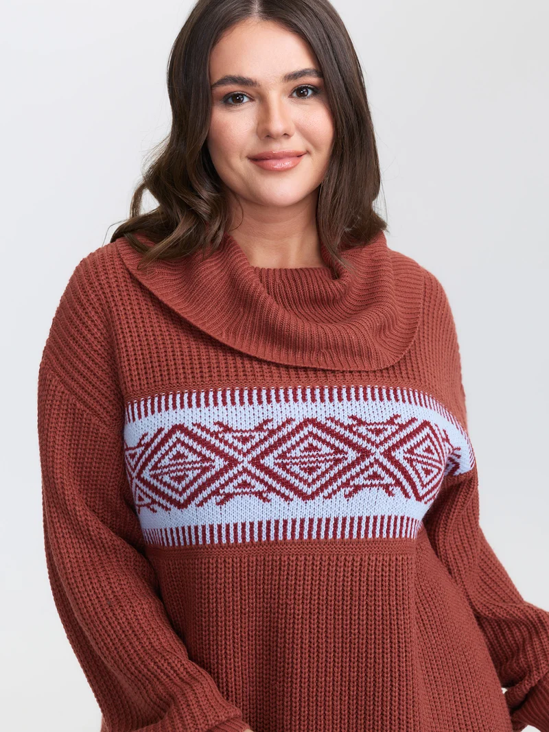 Geometric Snowflake Drape Turtleneck Pullover