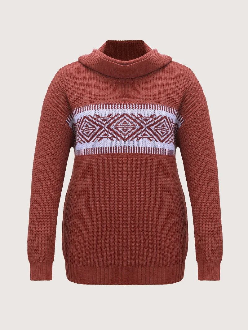 Geometric Snowflake Drape Turtleneck Pullover
