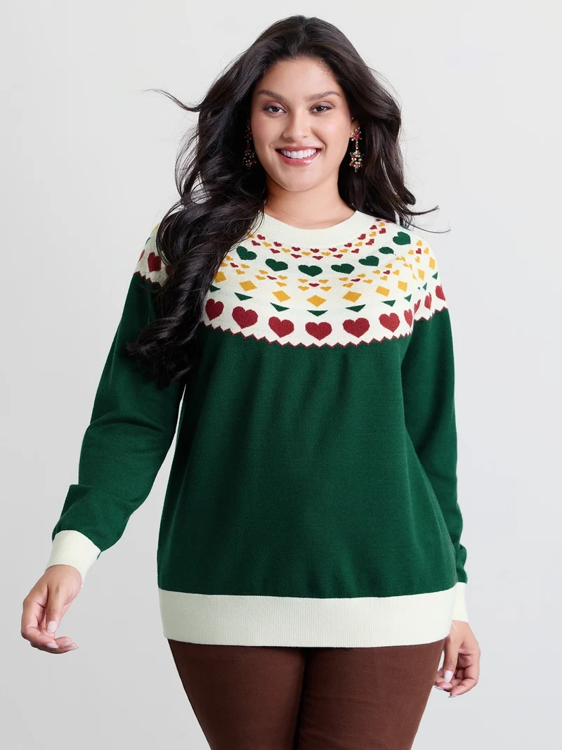 Colorful Heart Jacquard Round Neck Pullover