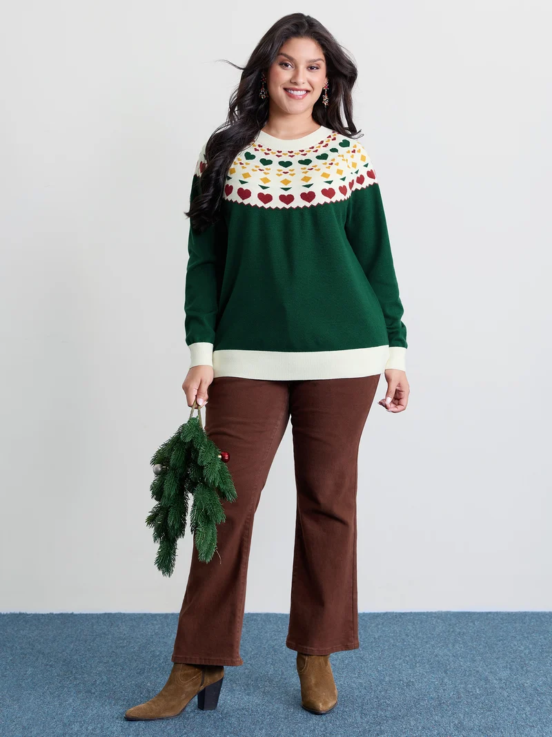 Colorful Heart Jacquard Round Neck Pullover