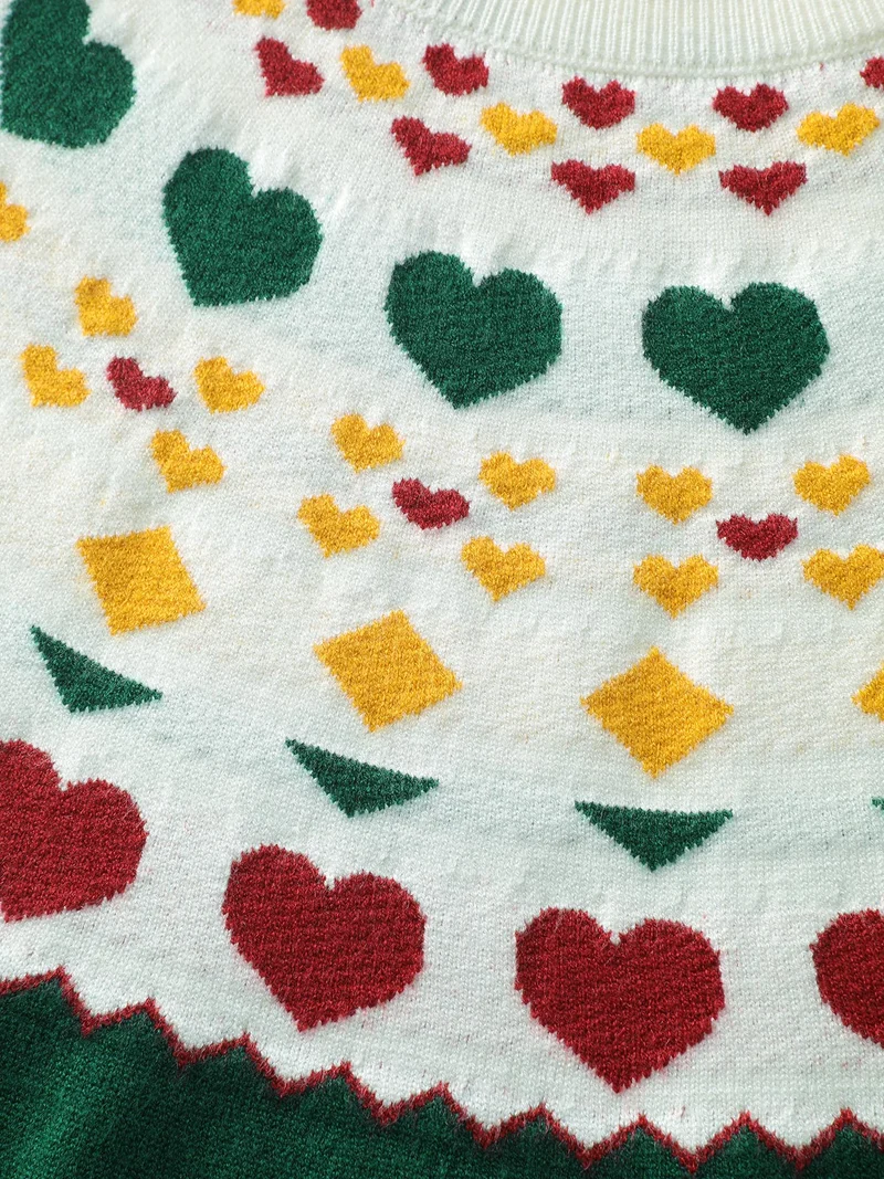 Colorful Heart Jacquard Round Neck Pullover