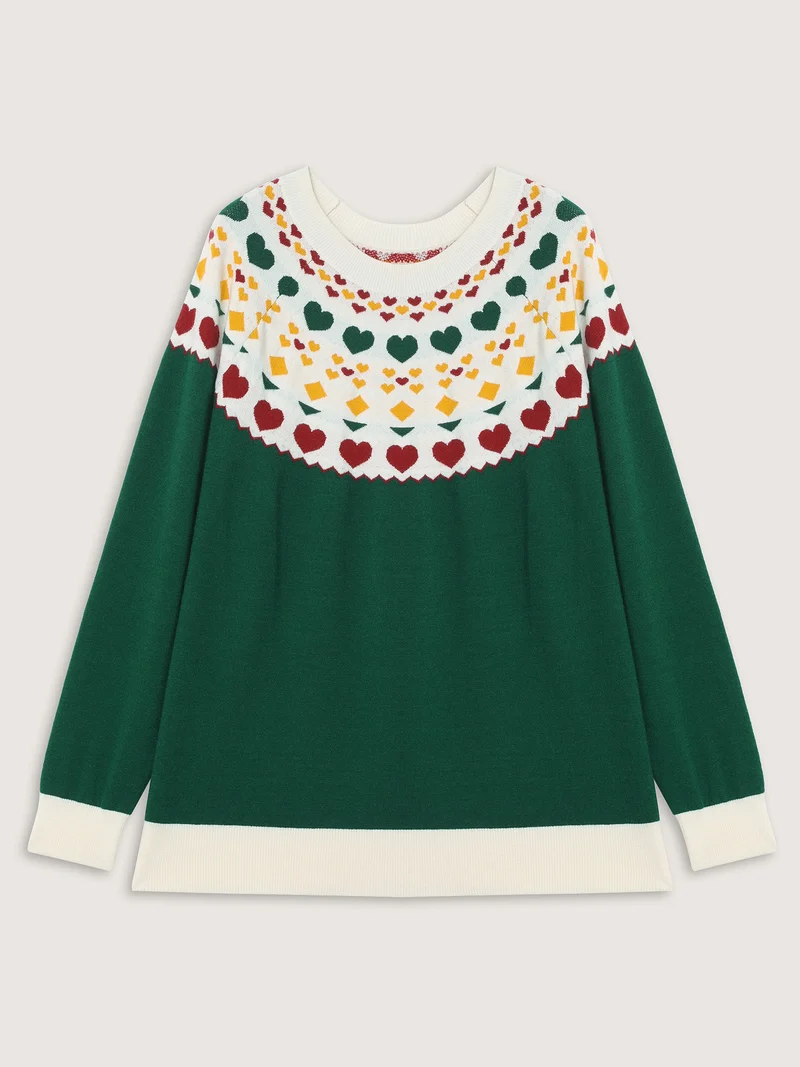 Colorful Heart Jacquard Round Neck Pullover