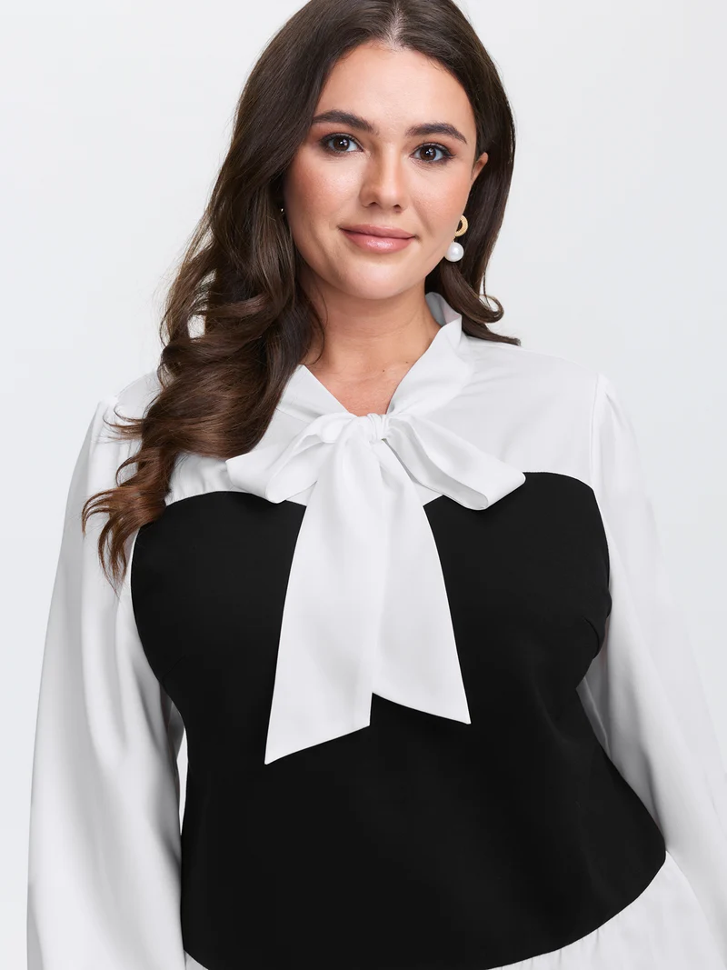 Colorblock Neckline Tie Layered Blouse