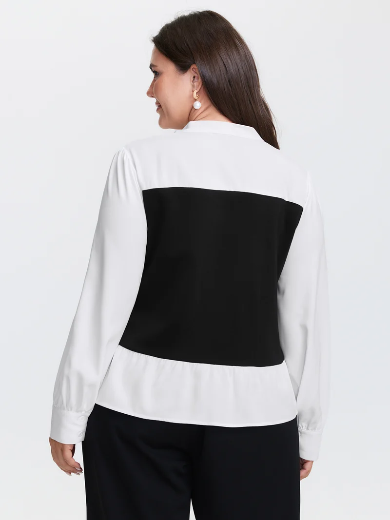 Colorblock Neckline Tie Layered Blouse