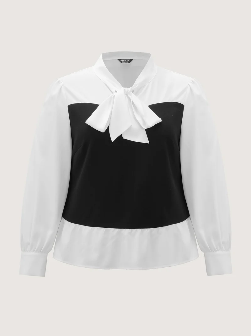 Colorblock Neckline Tie Layered Blouse